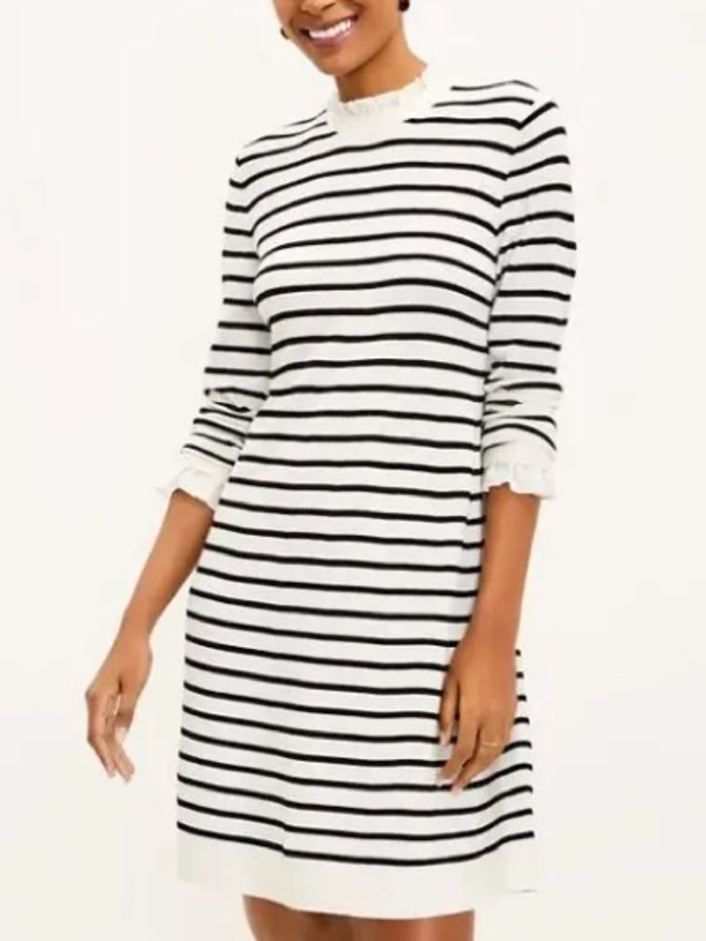 LOFT Women’s XL Black Cream Striped Ruffle Trim Sweater Dress